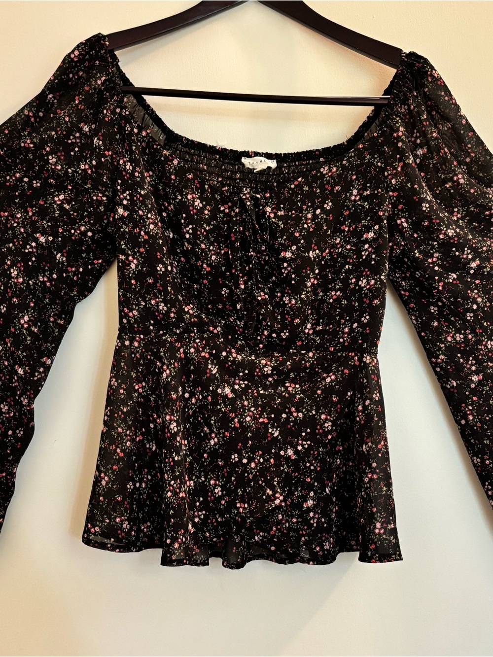 Promesa Black Peasant Blouse with Pink Floral Print